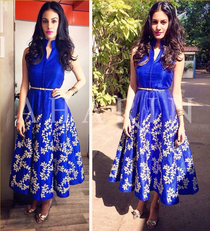 Amyra Dastur in Cobalt Blue Long Leaf Embroidered Dress with Fitted Pants