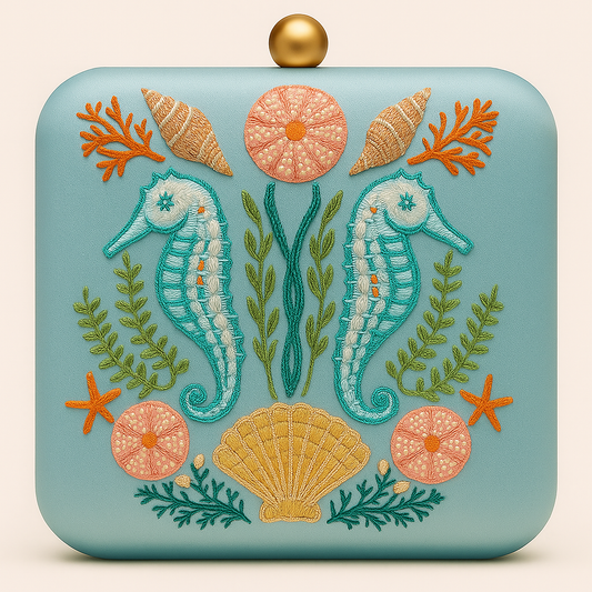 Seahorse Embroidered Ocean-Inspired Satin Clutch with Gold Chain