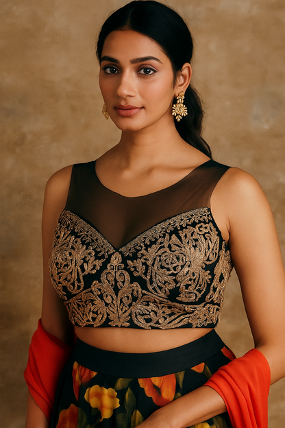 Black Net & Velvet embroidered blouse