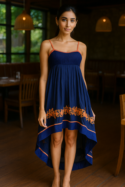 blue assymetrical dress with embroidery.