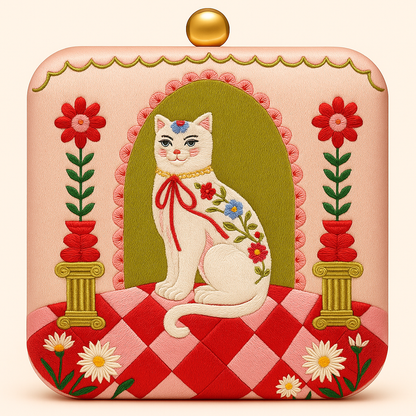 Vintage Cat Embroidered Satin Clutch with Gold Chain