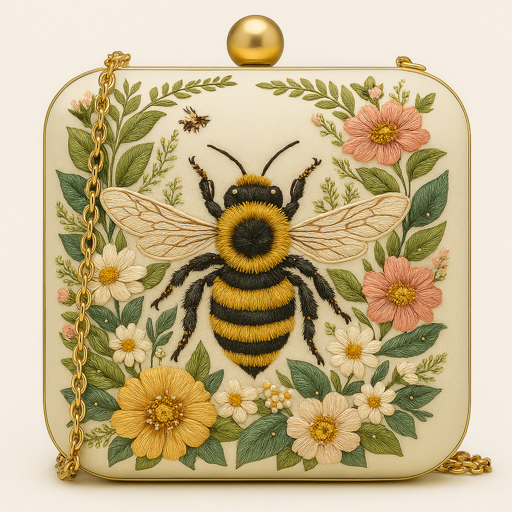 Golden Bee Embroidered Clutch in Ivory Satin with Floral Detailing