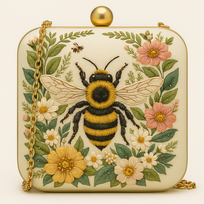 Golden Bee Embroidered Clutch in Ivory Satin with Floral Detailing