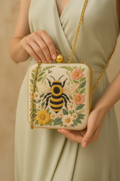Golden Bee Embroidered Clutch in Ivory Satin with Floral Detailing