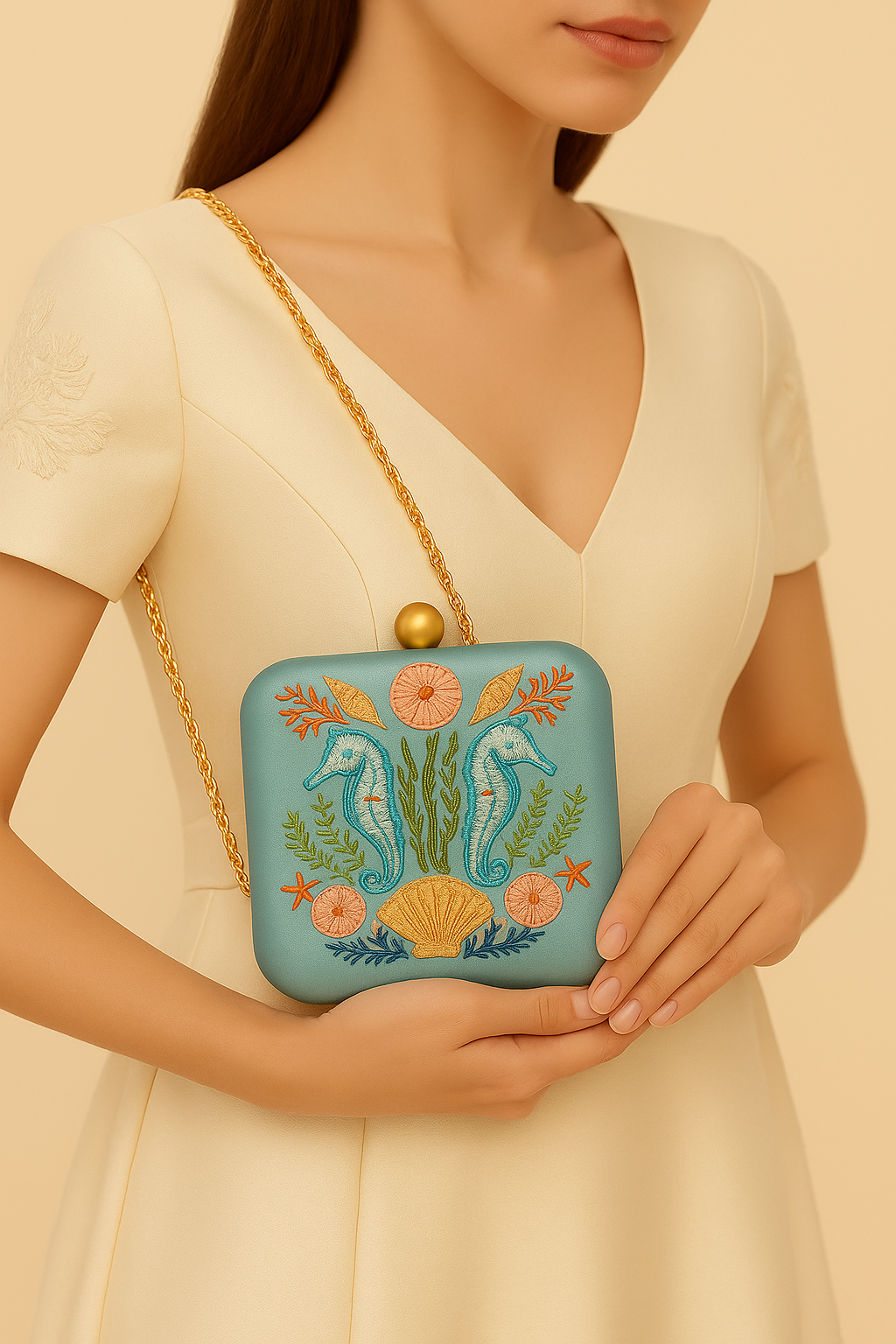 Seahorse Embroidered Ocean-Inspired Satin Clutch with Gold Chain