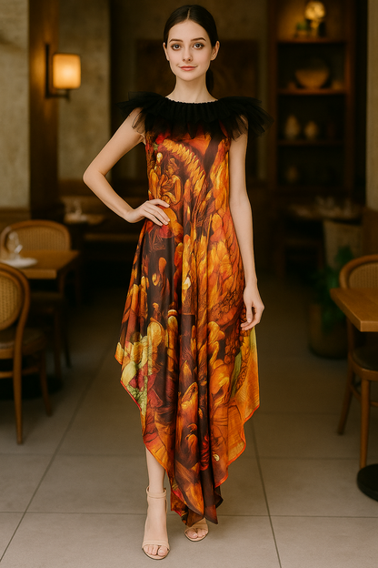 Long printed orange dress with frill