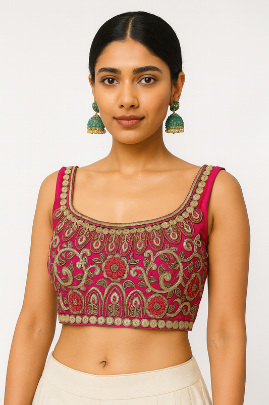 fuschia pink embroidered blouse with zari and resham embroidery