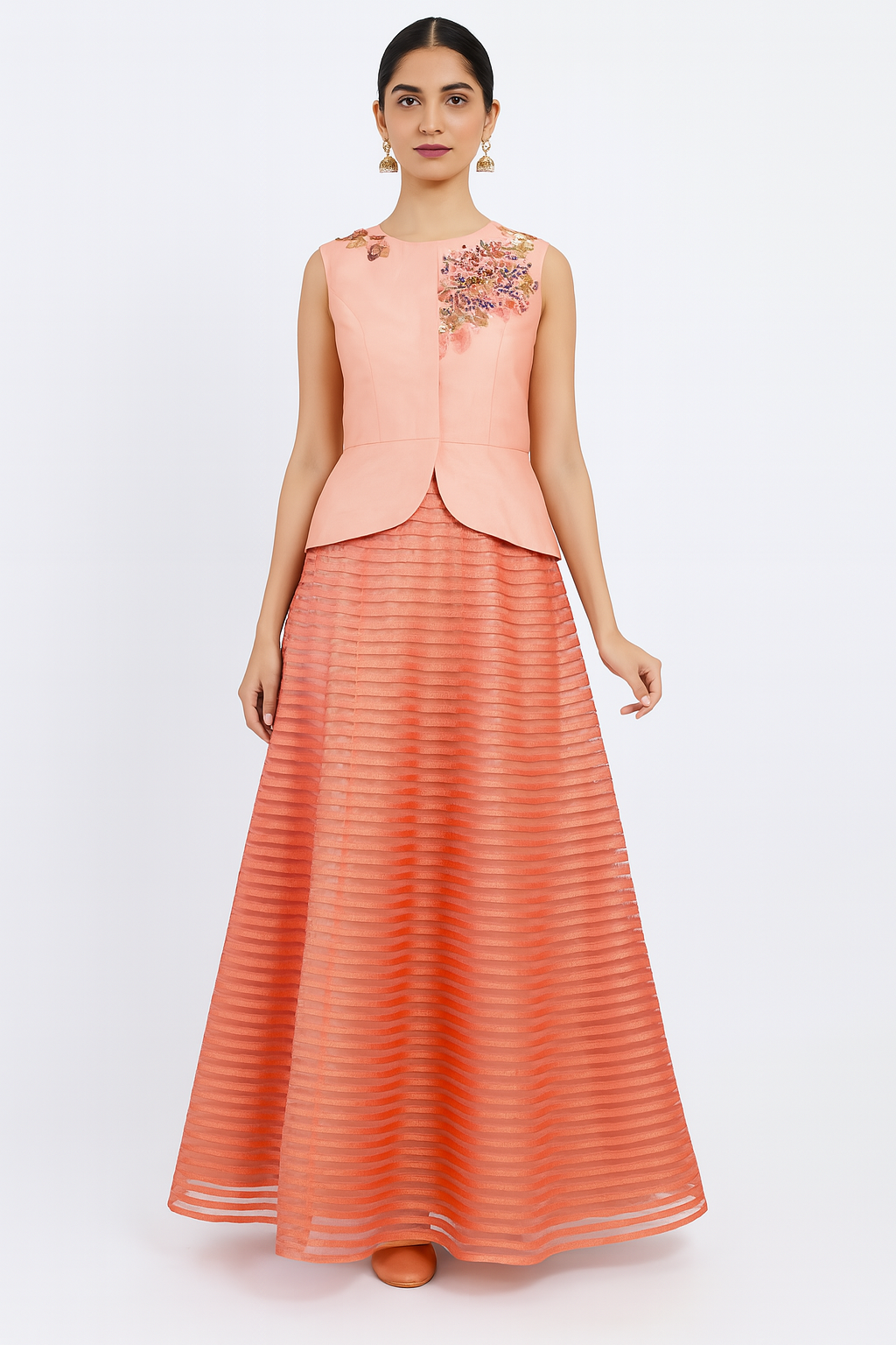 Peach Peplum Top with Textured Lehenga - Front View | Aharin