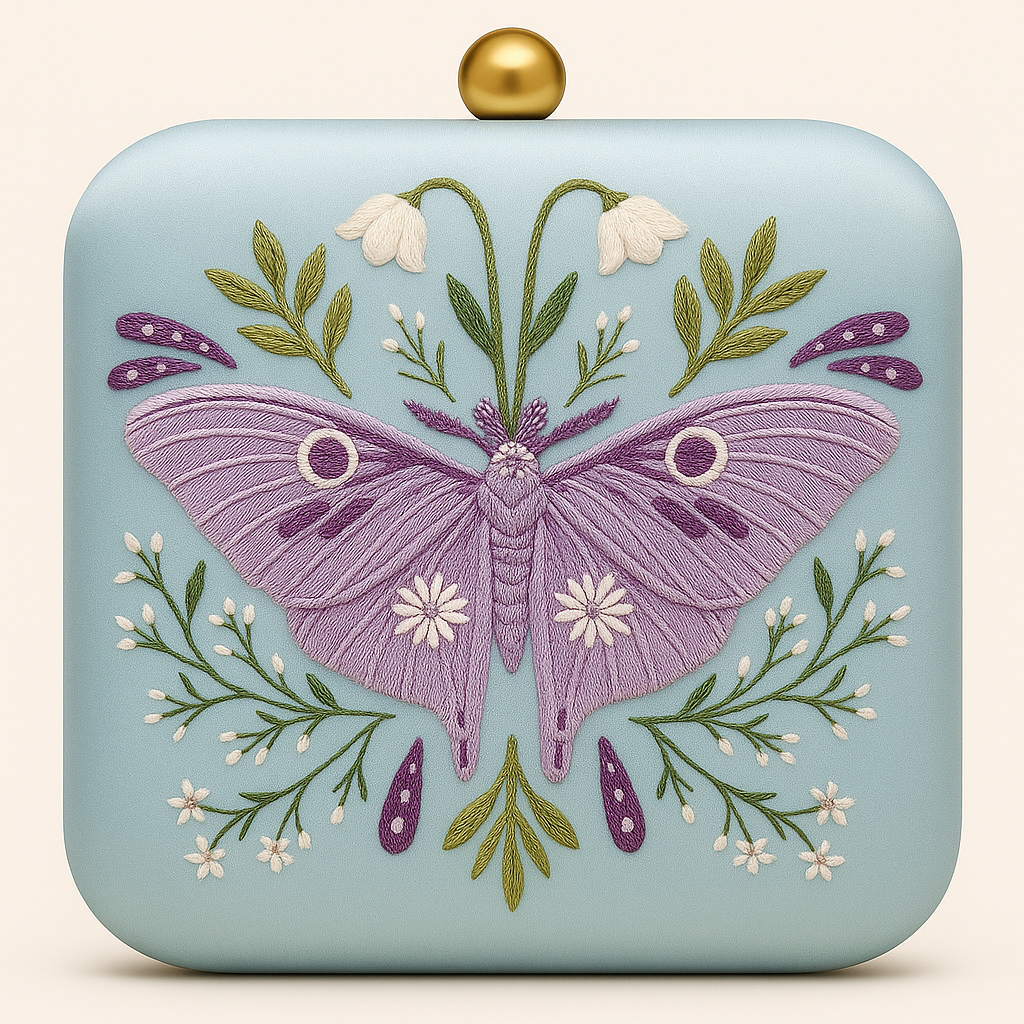 Lilac Butterfly Embroidered Clutch in Powder Blue Satin