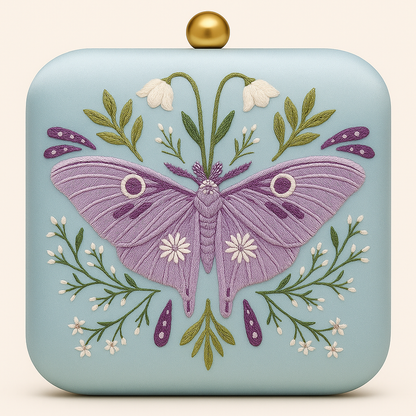 Lilac Butterfly Embroidered Clutch in Powder Blue Satin