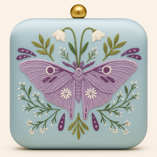 Lilac Butterfly Embroidered Clutch in Powder Blue Satin