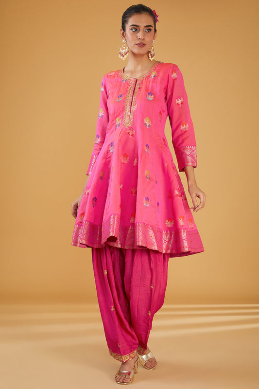 Pink Silk Blend & Viscose Brocade Embroidered Kurta Set