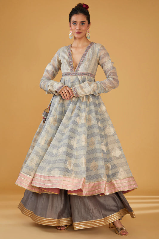 Grey Silk Blend & Viscose Brocade Embroidered Anarkali Set