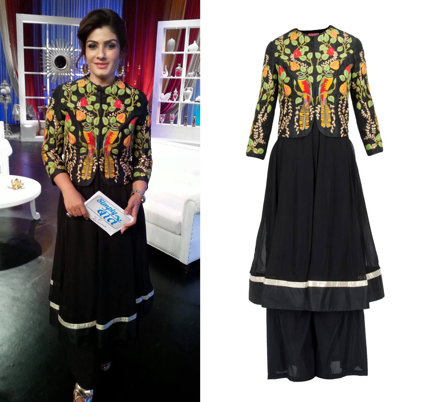 Raveena Tandon in Jet black bright bird embroidered jacket with anarkali and palazoe pants
