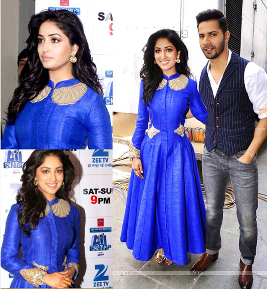 Yami Gautam in Cobalt Blue Long Jacket with Full Sleeves and Heavy Zardozi