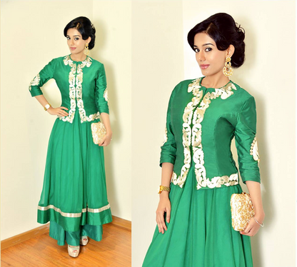 Amrita Rao Emerald green jacket with anarkali and palazoes pants