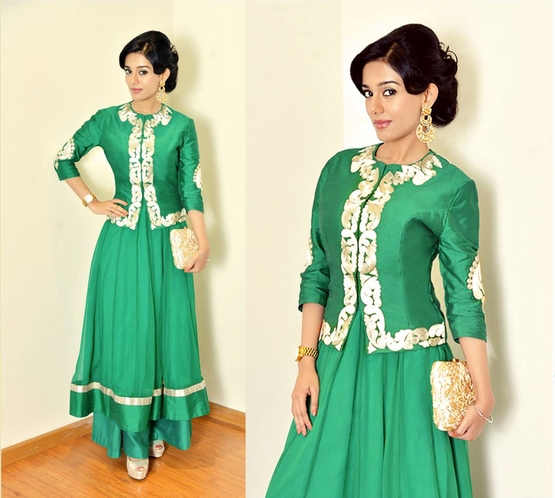 Emerald green jacket with anarkali and palazoes pants
