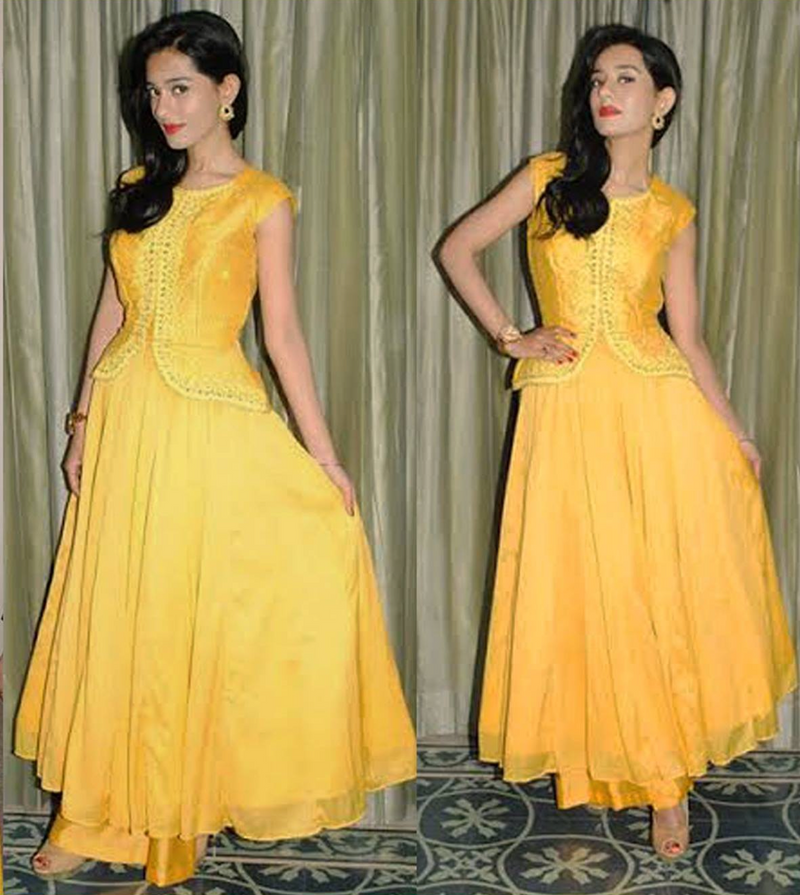 Yellow peplum anarkali with palazzo pants