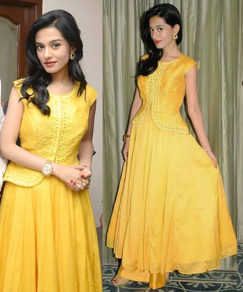 Yellow peplum anarkali with palazzo pants