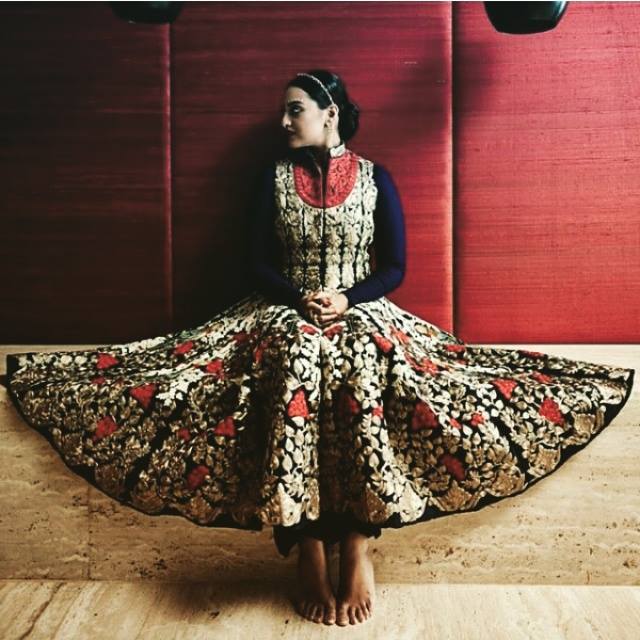 Sonakshi Sinha in Navy blue Flared Anarkali with Bird Embroidered motifs and palazzo pants