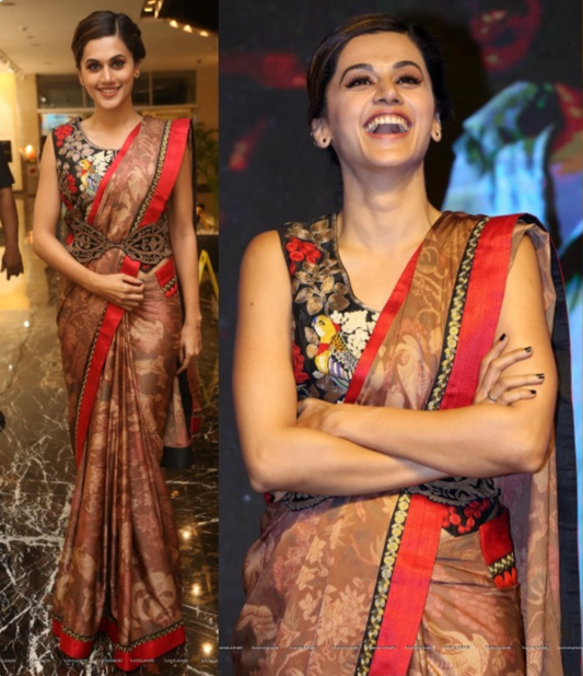 Taapsee Pannu in Dark Brown Satin Chiffon Printed Sari set with Bird Waistcoat