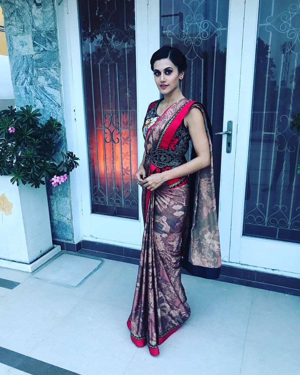 Taapsee Pannu in Dark Brown Satin Chiffon Printed Sari set with Bird Waistcoat