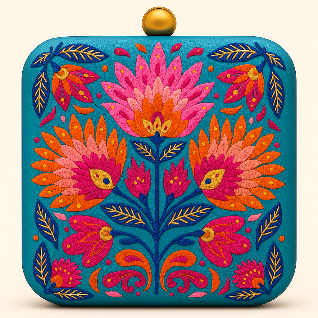 Golden Bee Embroidered Clutch in Ivory Satin with Floral Detailing (Copy)