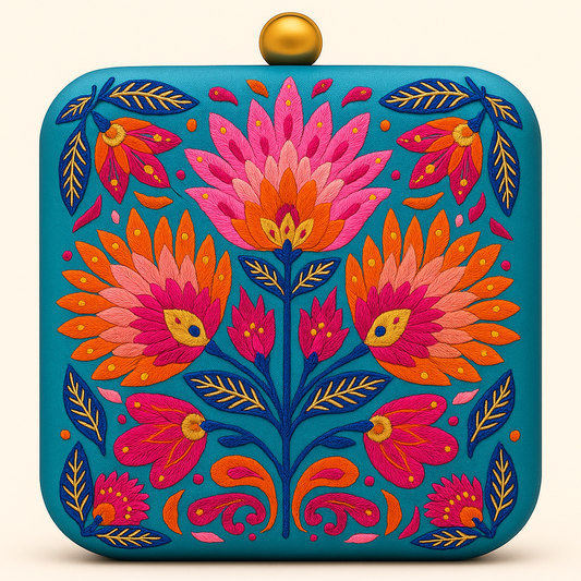 Golden Bee Embroidered Clutch in Ivory Satin with Floral Detailing (Copy)