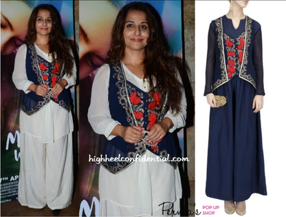 Vidya Balan in blue and red jacket with white kurta and white pants