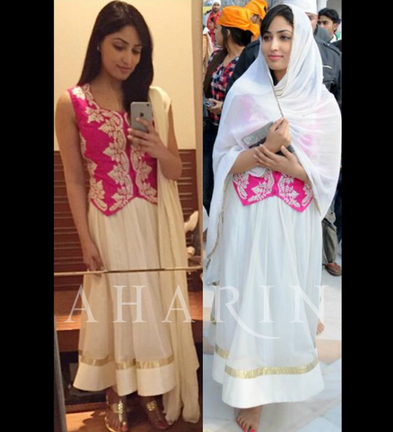 Pink waistcoat, white Anarkali, churidar set