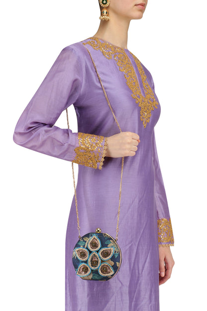 Round Navy Blue Forest Print and Leaf Embroidered Box Clutch Bag