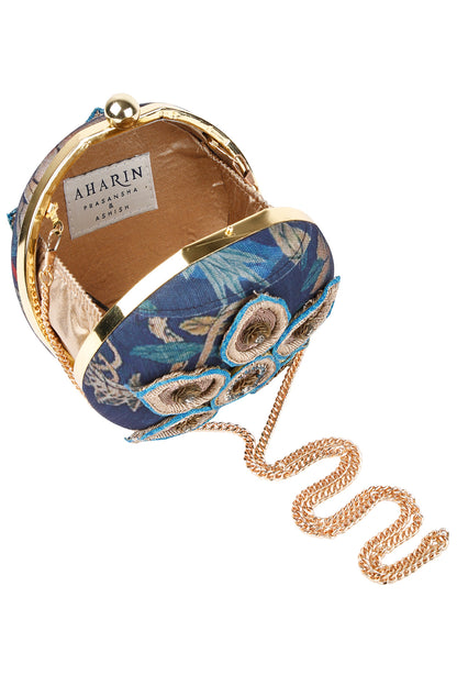 Round Navy Blue Forest Print and Leaf Embroidered Box Clutch Bag