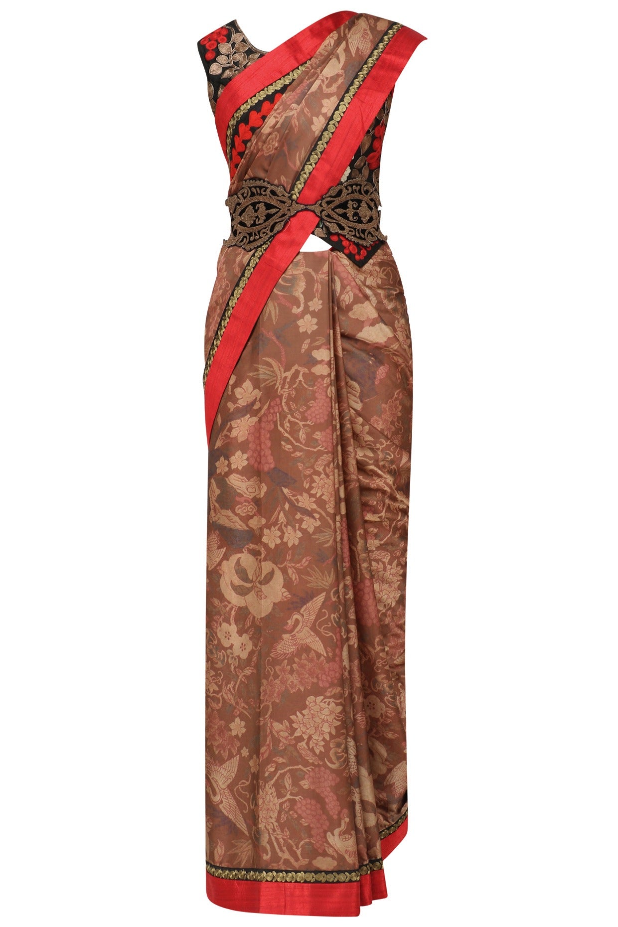 Dark Brown Satin Chiffon Printed Sari set with Bird Waistcoat