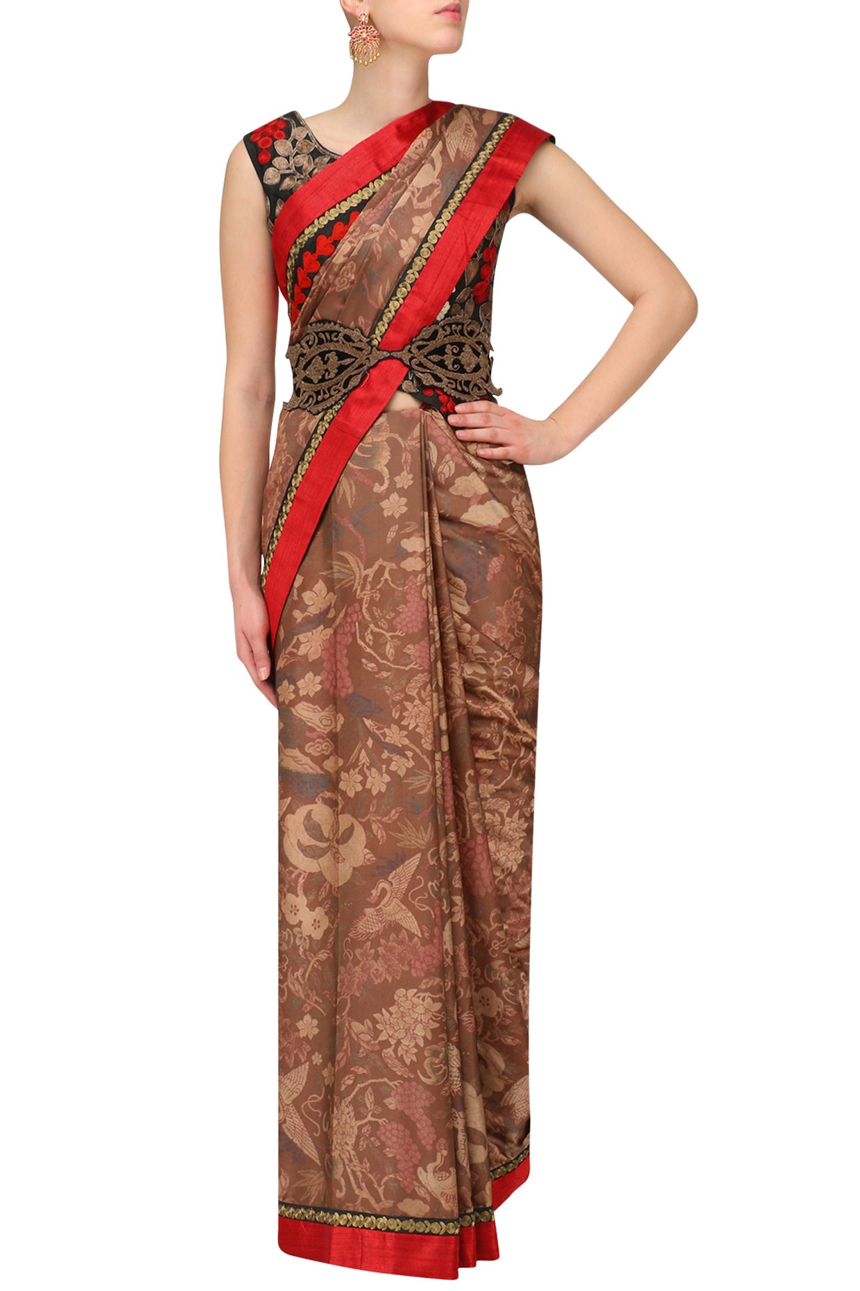 Dark Brown Satin Chiffon Printed Sari set with Bird Waistcoat