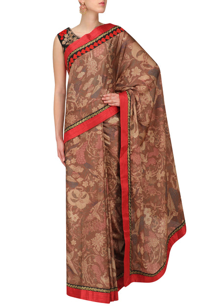 Dark Brown Satin Chiffon Printed Sari set with Bird Waistcoat