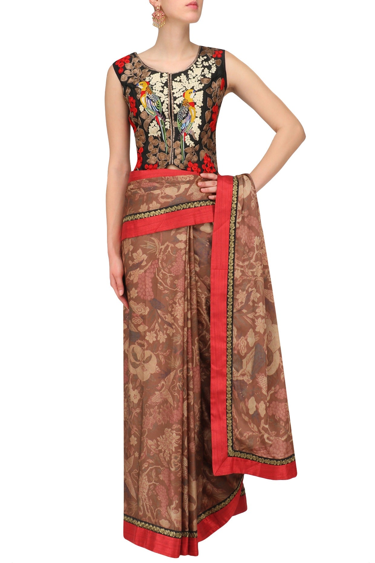 Dark Brown Satin Chiffon Printed Sari set with Bird Waistcoat