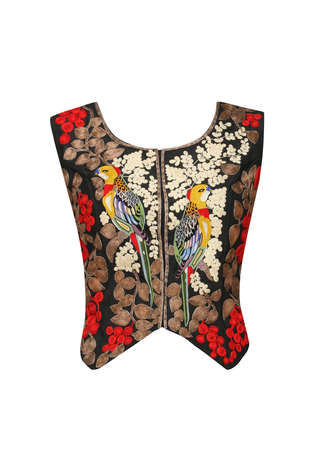 Dark Brown Satin Chiffon Printed Sari set with Bird Waistcoat