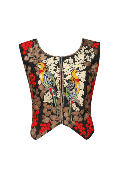 Dark Brown Satin Chiffon Printed Sari set with Bird Waistcoat