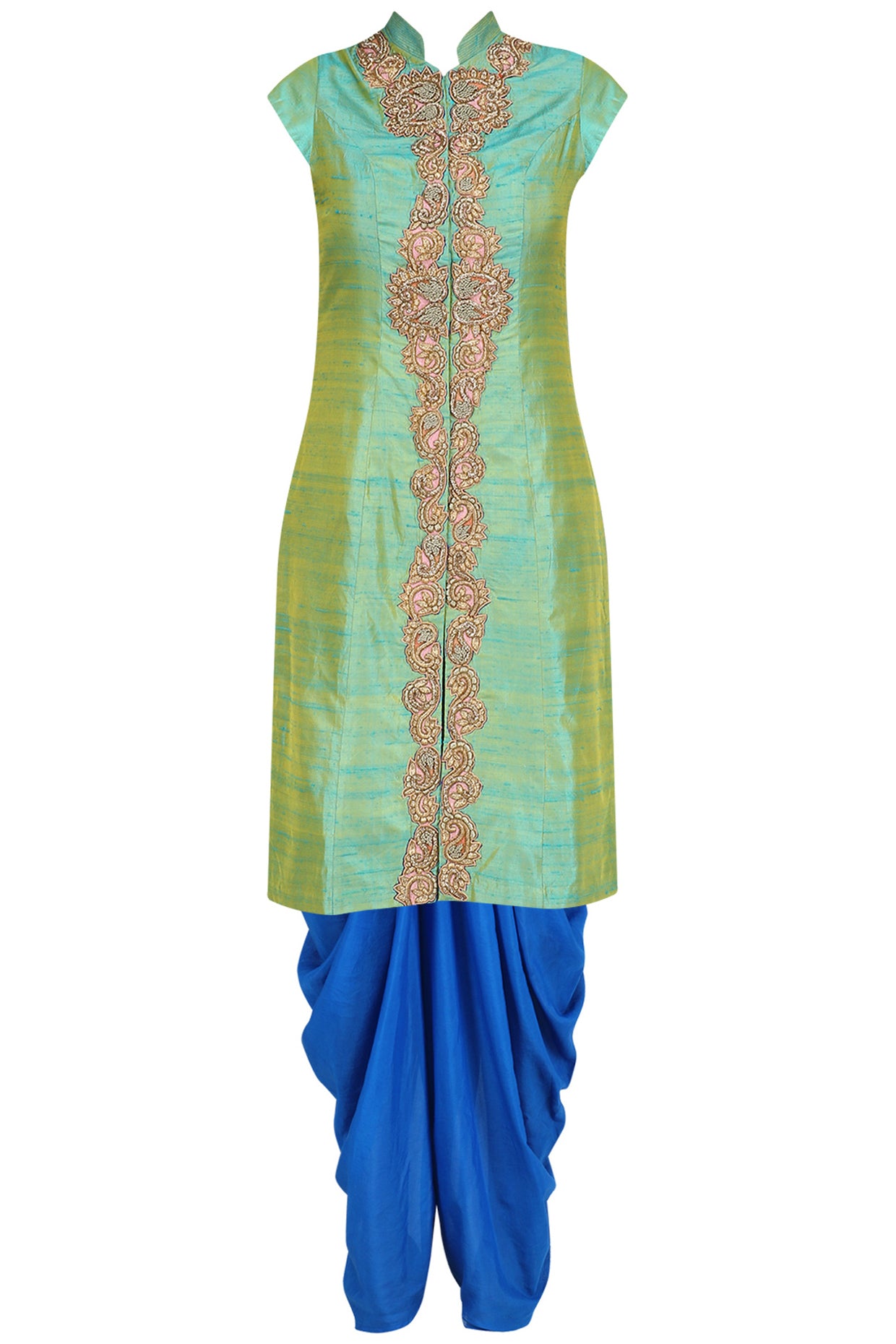 Pista Green Dual Tone Zari Embroidery Achkan kurta with Blue Dhoti Pants