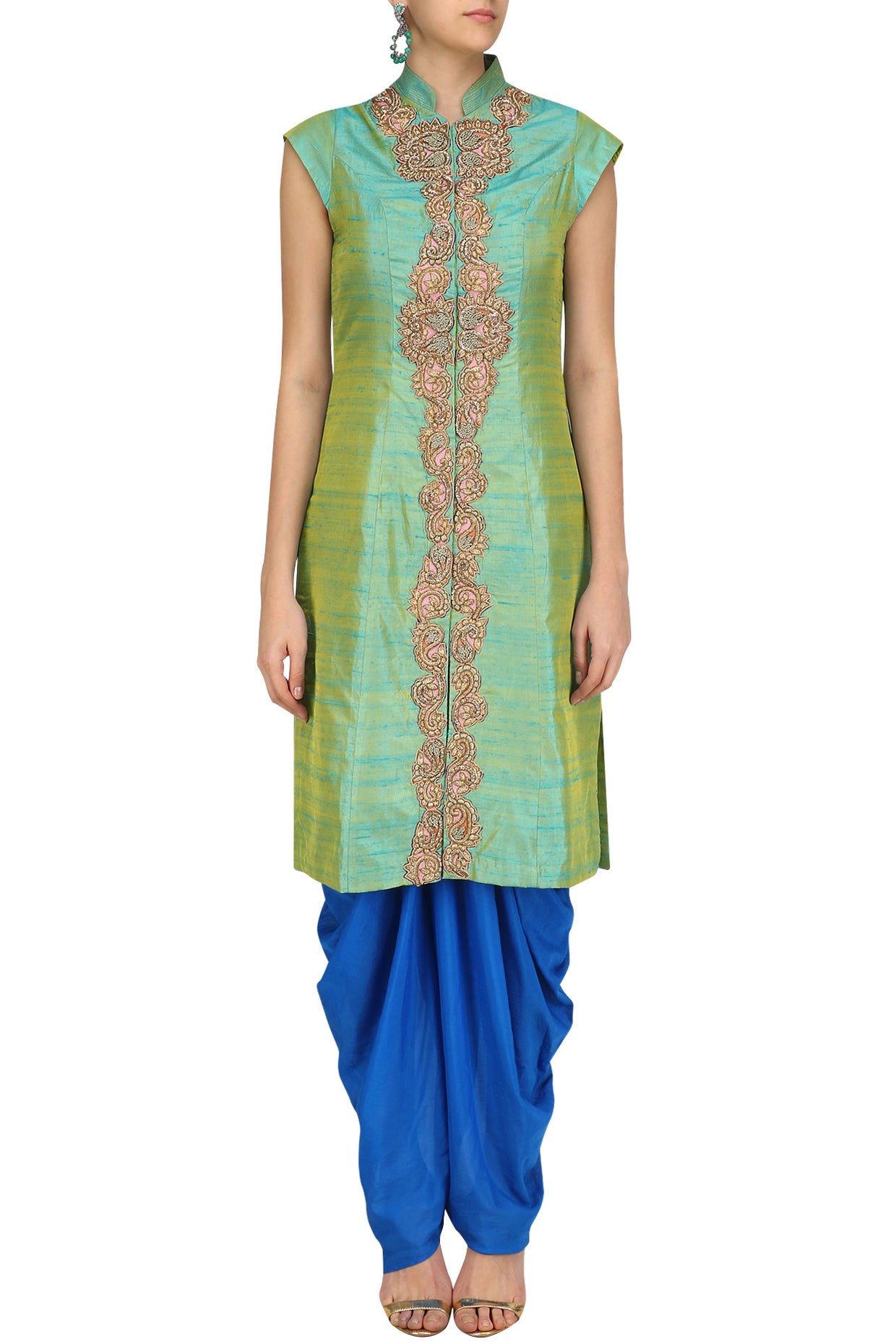 Pista Green Dual Tone Zari Embroidery Achkan kurta with Blue Dhoti Pants