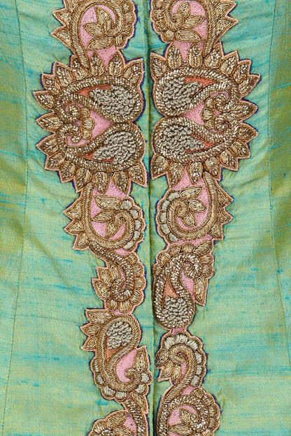 Pista Green Dual Tone Zari Embroidery Achkan kurta with Blue Dhoti Pants