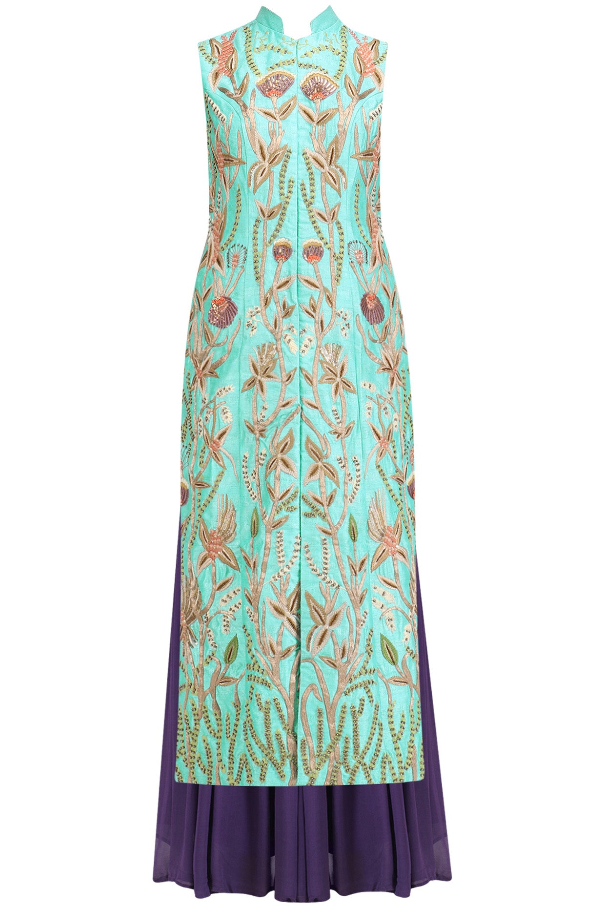 Turquoise Jaal Embroidered Jacket Kurta with Mauve Lehenga Skirt and Dupatta Set