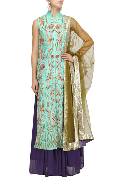 Turquoise Jaal Embroidered Jacket Kurta with Mauve Lehenga Skirt and Dupatta Set