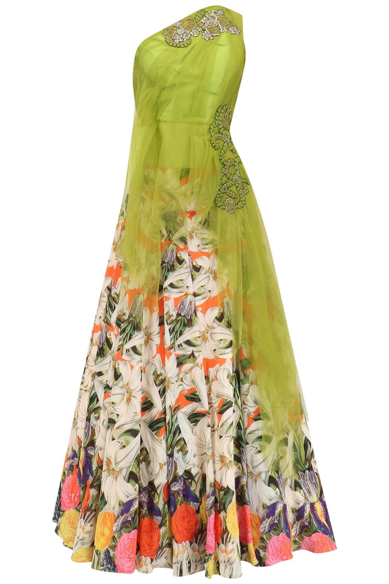 Lime Green Embroidered One Shoulder Net Drape Blouse and Floral Lehenga Set