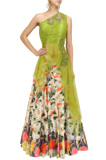 Lime Green Embroidered One Shoulder Net Drape Blouse and Floral Lehenga Set