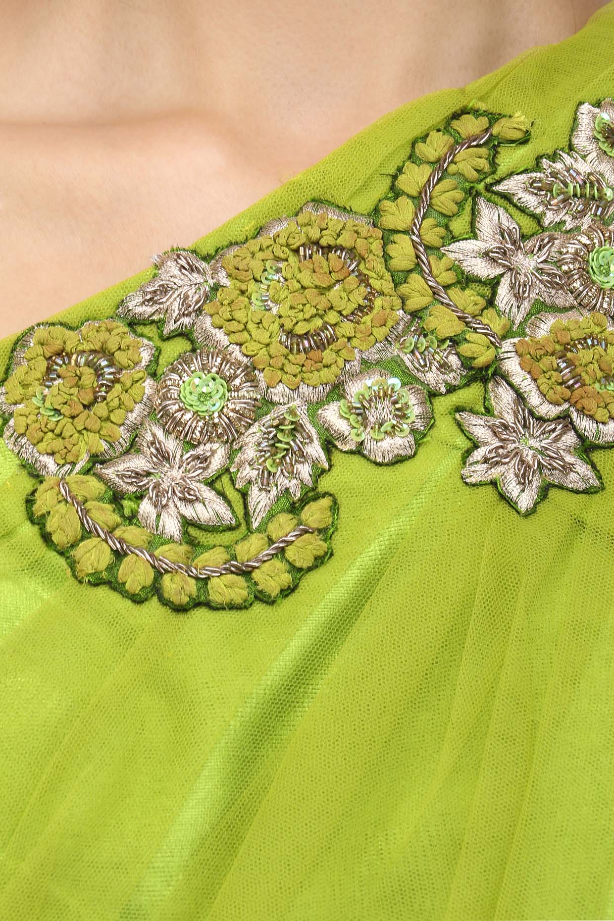 Lime Green Embroidered One Shoulder Net Drape Blouse and Floral Lehenga Set