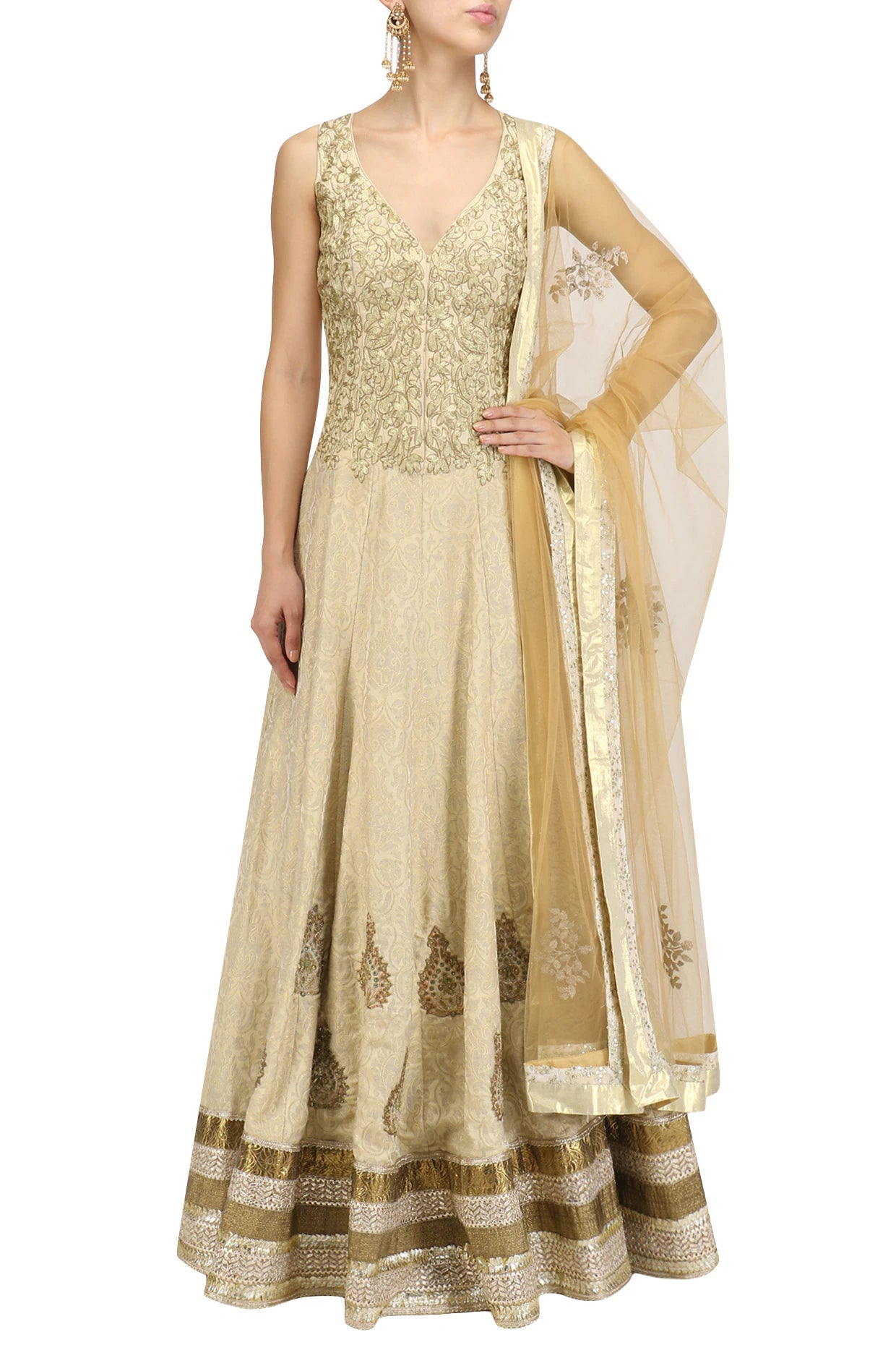 Gold Embroidered  Flared Silk Anarkali and Dupatta Set