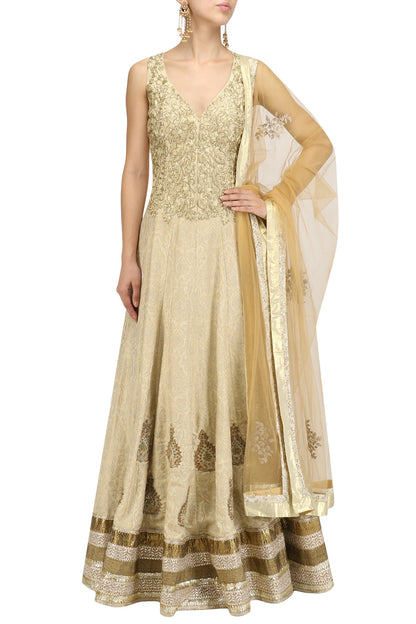 Gold Embroidered  Flared Silk Anarkali and Dupatta Set