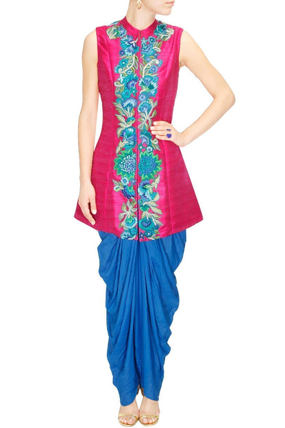 Magenta pink achkan jacket with blue dhoti pants