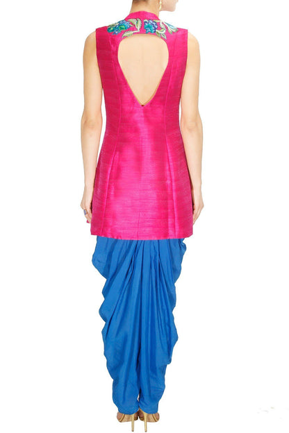 Magenta pink achkan jacket with blue dhoti pants